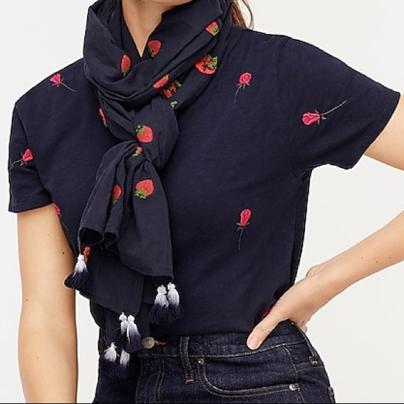 J.Crew Cotton Scarf W/ Embroiled Strawberries - Picture 1 of 8